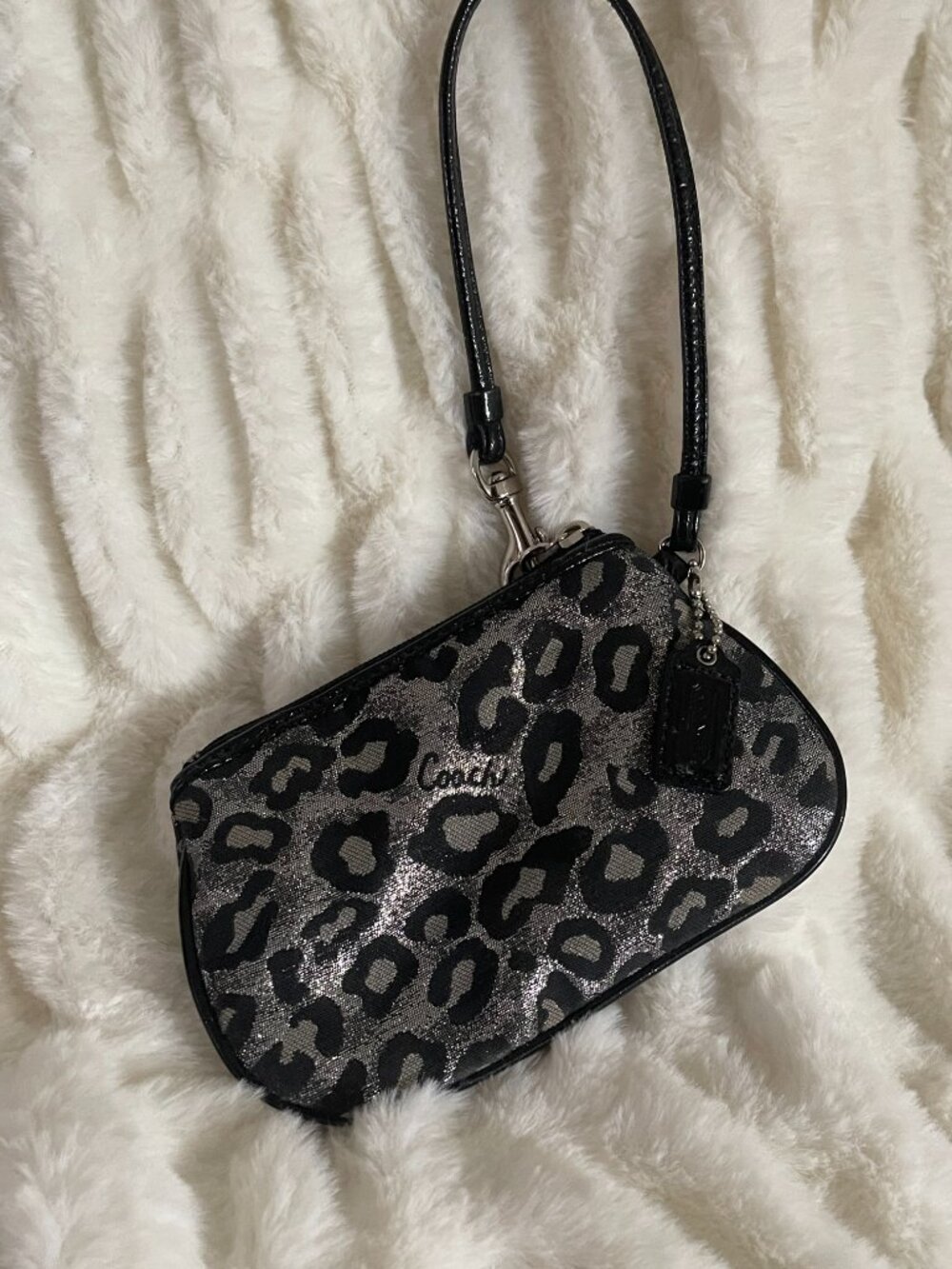 Coach Metallic Silver and Black Leopard Print Wristlet